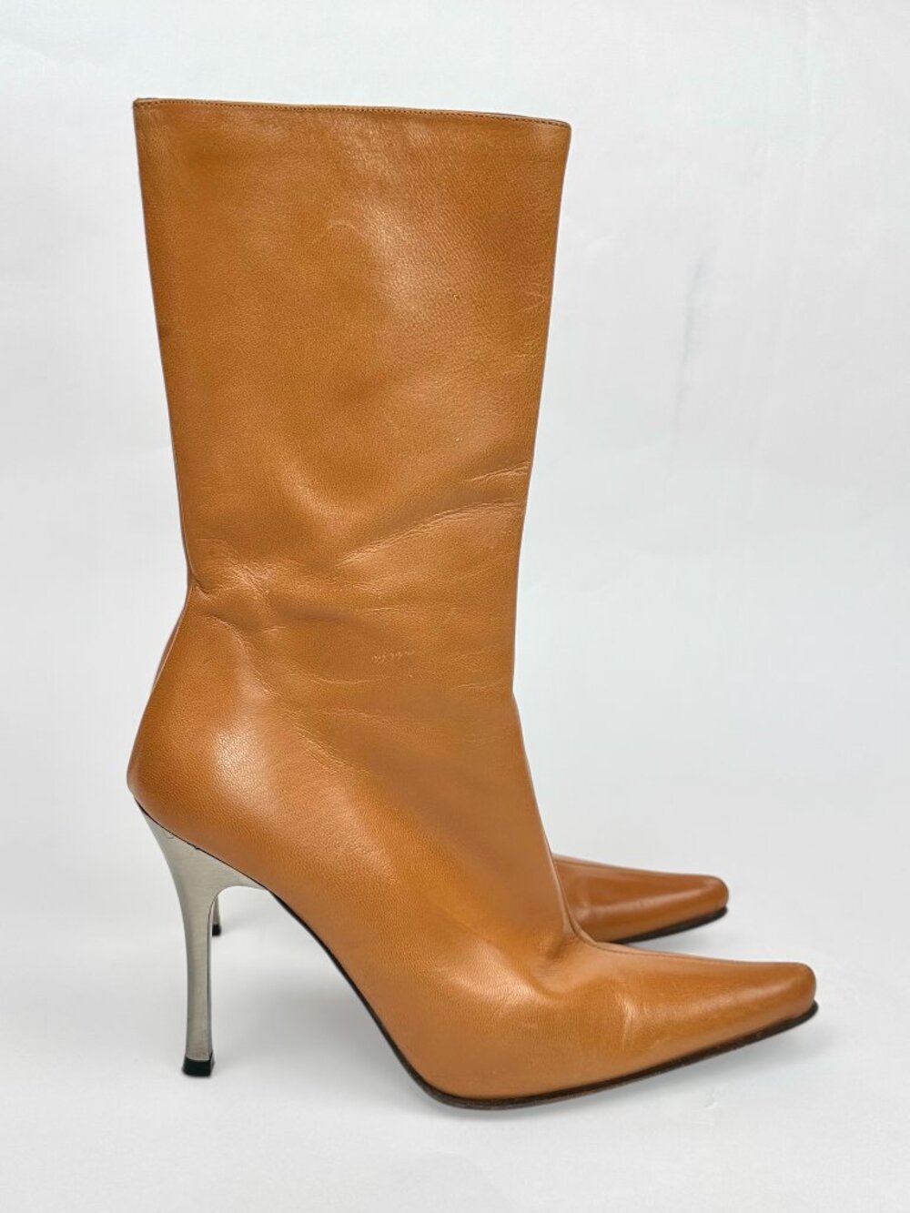 Charles David Cognac Spanish Leather Knee High Pointed Toe Metal Heel Boots